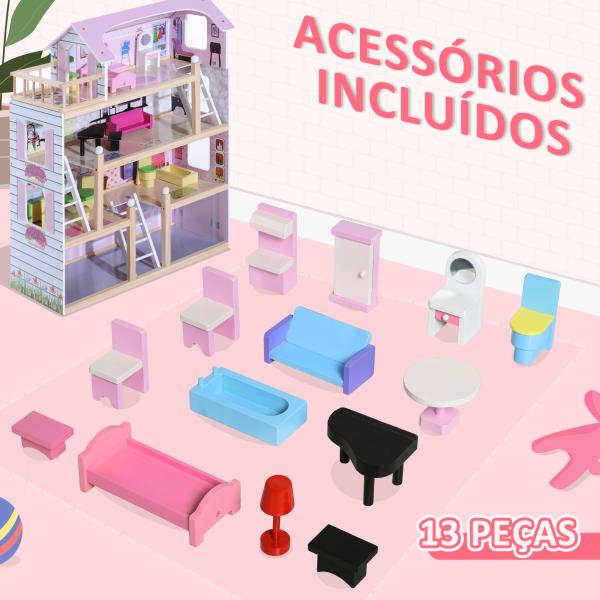 Casa de Bonecas com Móveis e 4 Andares Casa de Bonecas com 13 Acessórios Brinquedo de Imitação 60,5x30x80,5cm Rosa