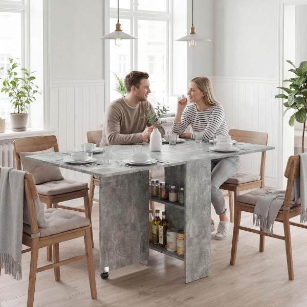 Mesa de Sala de Jantar Dobrável com 2 Prateleiras de Armazenamento e Rodas para Cozinha 75x140x74 cm Cinza