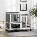 Coelheira de Madeira Interior Gaiola para Coelhos de 2 Níveis com Rodas 2 Rampas 3 Bandejas Amovíveis 110x50x86 cm Cinza