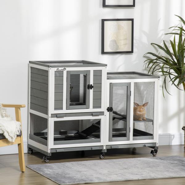 Coelheira de Madeira Interior Gaiola para Coelhos de 2 Níveis com Rodas 2 Rampas 3 Bandejas Amovíveis 110x50x86 cm Cinza