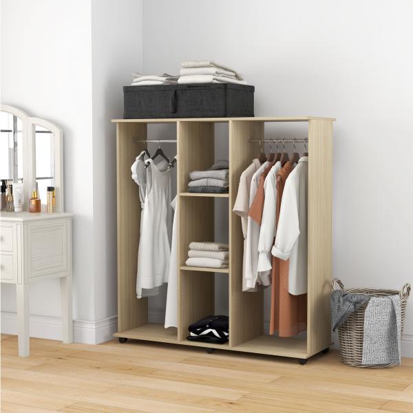 Roupeiro de Madeira Móvel Armário Roupeiro Aberto com 2 Barras para Pendurar e 3 Prateleiras 120x40x128 cm Madeira