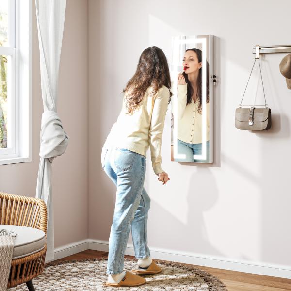 Espelho Joalheiro de Parede com Luzes LED e Fechadura para Pendurar na Parede ou na Porta 37x10,5x108 cm Branco