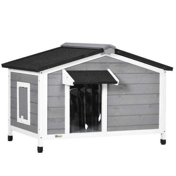 Casa para Cães de Madeira Casa para Animais de Estimação com Teto Asfáltico 2 Janelas Porta com Cortina 97x72x65 cm Cinza