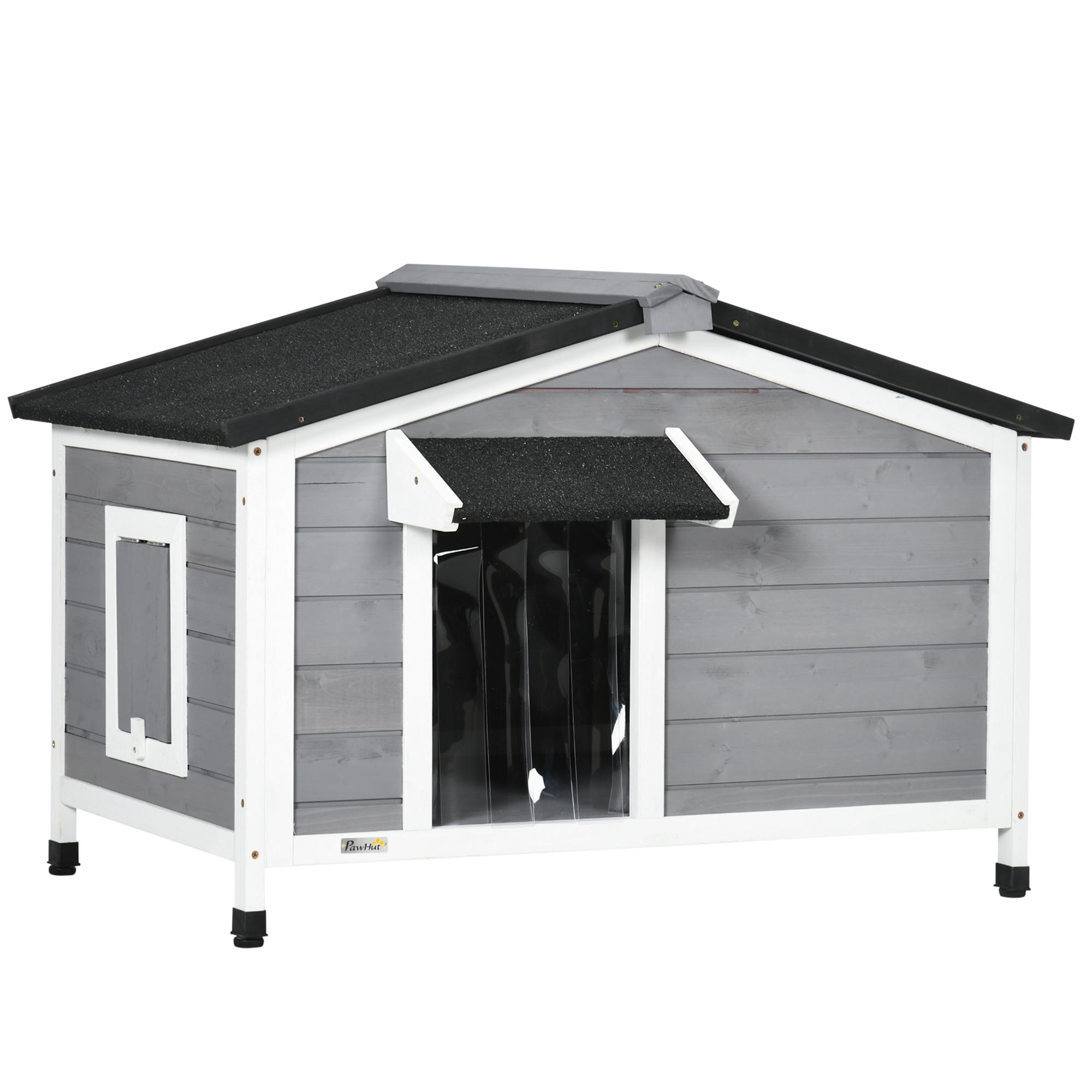 Casa para Cães de Madeira Casa para Animais de Estimação com Teto Asfáltico 2 Janelas Porta com Cortina 97x72x65 cm Cinza