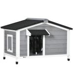 Casa para Cães de Madeira Casa para Animais de Estimação com Teto Asfáltico 2 Janelas Porta com Cortina 97x72x65 cm Cinza