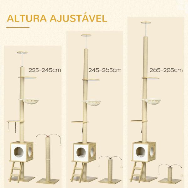 Árvore para Gatos do Chão ao Teto 220 - 260cm com Altura Ajustável Plataformas Rede Caverna Poste de Juta 40x40225 - 285cm Bege