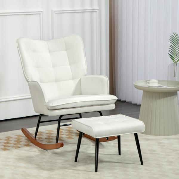 Conjunto de Poltrona Baloiço com Apoio para os Pés Poltrona Relax com Almofada Acolchoada e Anti - Tombo 64x89x90 cm Bege