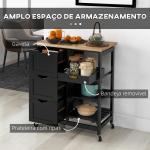 Carrinho de Cozinha com Rodas com 3 Gavetas 2 Prateleiras Abertas e Bandeja 67x37x85,5 cm Preto