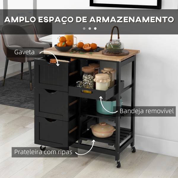 Carrinho de Cozinha com Rodas com 3 Gavetas 2 Prateleiras Abertas e Bandeja 67x37x85,5 cm Preto