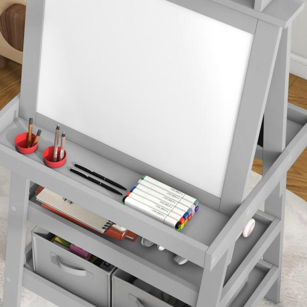 Cavalete de Pintura Infantil 3 em 1 Quadro Dupla Face com Rolo de Papel e Cestos de Arrumação Cinzento