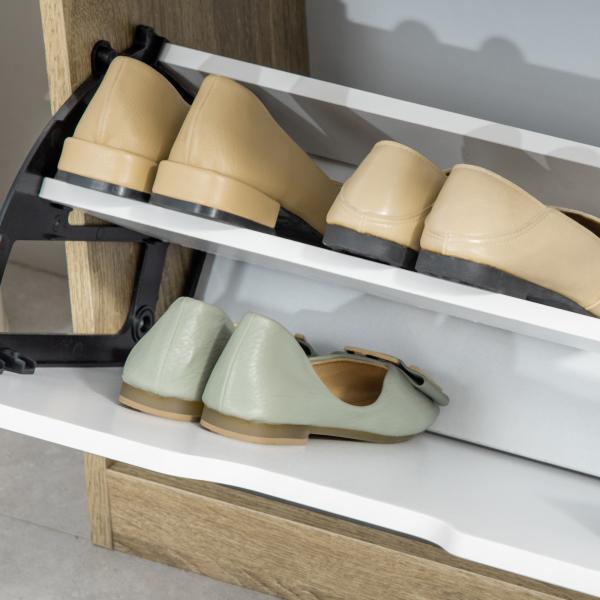 Armário para Sapatos Sapateira de Madeira com 2 Portas Abatíveis 4 Prateleiras de Armazenamento Capacidade 8 Pares de Sapatos para Entrada Corredor Dormitório 62,5x26x81cm Branco e Natural