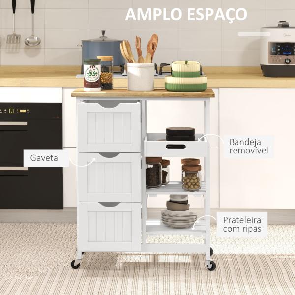 Carrinho de Cozinha com Rodas Carrinho de Serviço com 3 Gavetas 2 Prateleiras Abertas e Bandeja 67x37x85,5 cm Branco