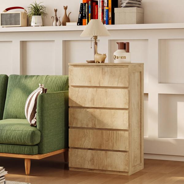 Cómoda de 5 Gavetas para Quarto Moderna Design sem Puxadores para Sala de Jantar Entrada 60x39x100 cm Madeira Natural