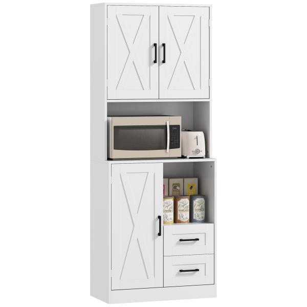 Armário de Cozinha Rústico Armário Alto de Cozinha com Portas Compartimentos Abertos Gavetas e Prateleiras Ajustáveis Anti - Tombo para Sala de Jantar 70x40x180 cm Branco