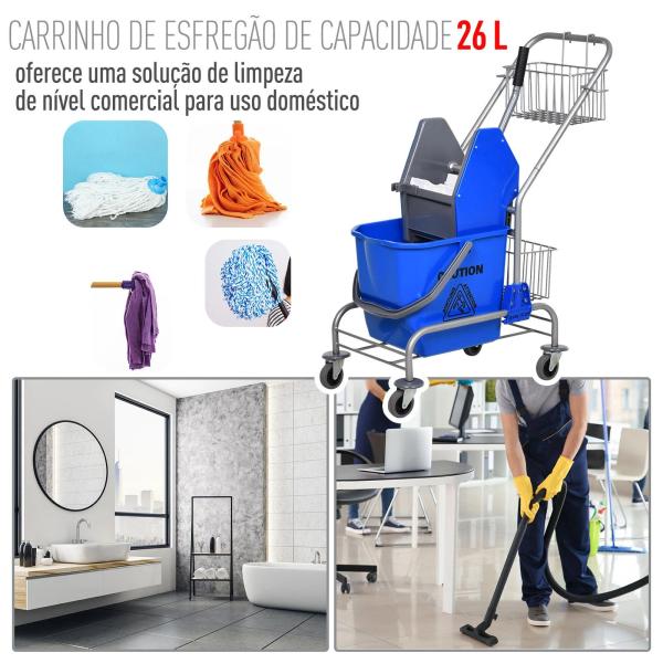 Carro de Limpeza Balde para Esfregona com Escorredor a Pressão Rodas e Cesto de Armazenamento Capacidade 26L 73x45x95 cm Azul