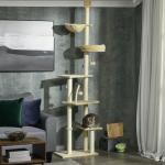 Arranhador para Gatos do Solo ao Teto de 230 - 250 cm com Altura Ajustável Múltiplas Plataformas Rede Bolas Suspensas Bege