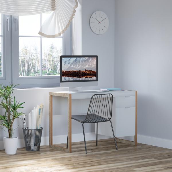Mesa de Computador com Gaveta Armário Pés em Forma Retangular112,5x50x75,5 cm Branco e Madeira