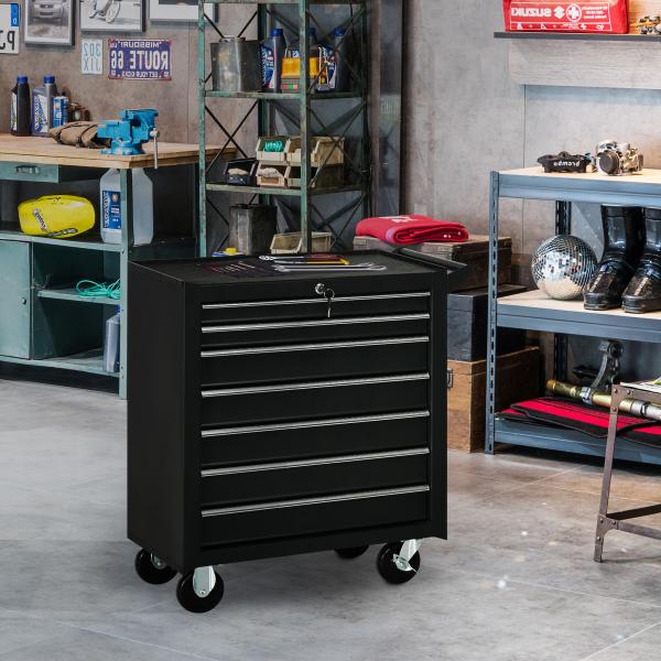 Carrinho de Ferramentas com 7 Gavetas Rodas Trava Armário de Armazenamento para Oficina de Garagem e Chapa de Aço 69x33x75 cm Preto