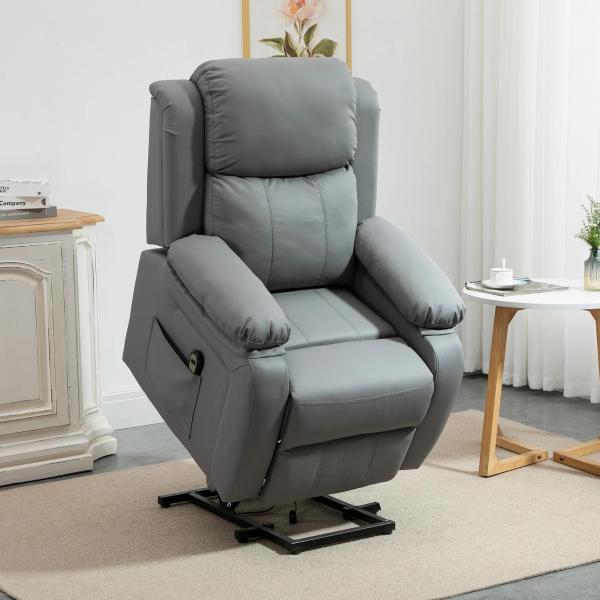 Poltrona Relax Levanta Pessoas com Controle Remoto Reclinação Elétrica de 160° Apoio para os Pés Encosto Estofado em PU e Bolsos Laterais 76x90x105 cm Cinza