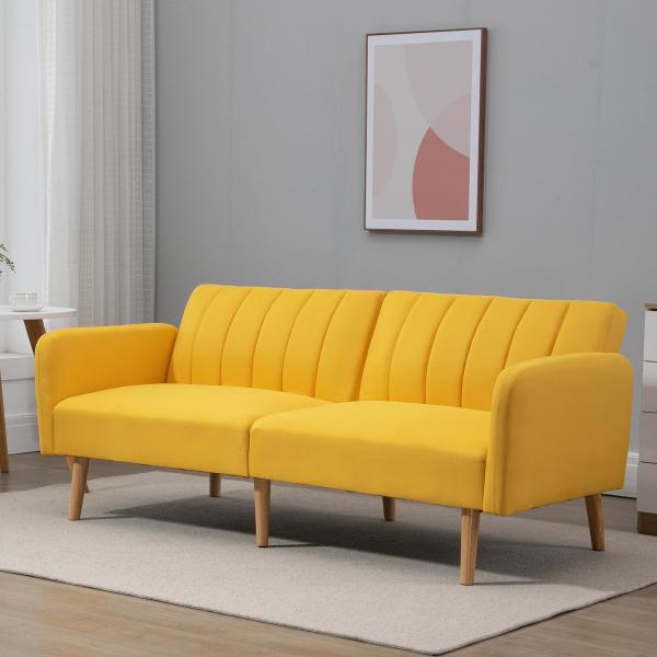 Sofá Cama de 2 Lugares com Encosto Ajustável em 3 Posições Apoio para os Braços Desmontável e Pés de Madeira Sofá Duplo Moderno para Sala de Estar Escritório 173x75x73cm Amarelo