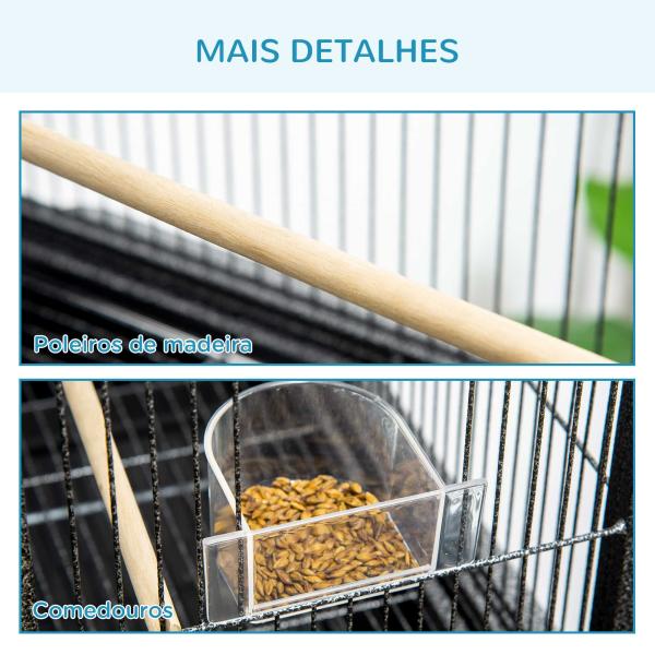 Gaiola para Pássaros com Rodas 81x48x162,5 cm com Bandeja 4 Poleiros 4 Comedouros e Prateleira Preto e Cinza