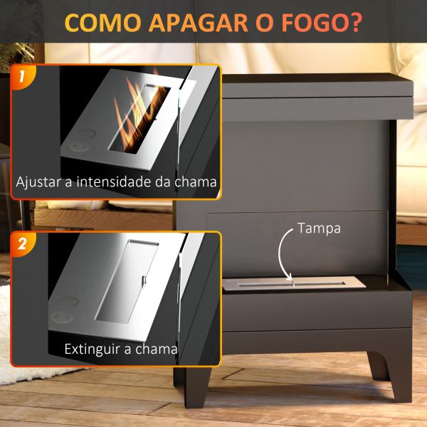 Lareira de Bioetanol com Depósito de 0,9L Apagador de Chamas de Aço Inoxidável Tempo de Combustão 3,3H para Interiores 15 - 20 m² 38x22x54 cm Preto