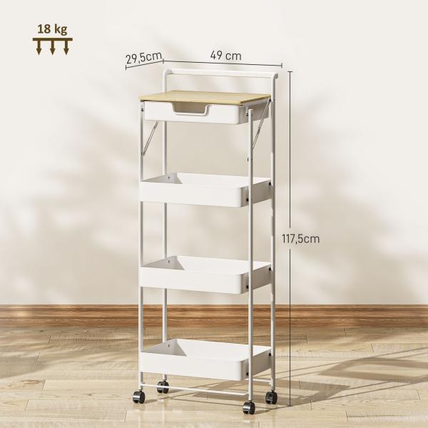 Carrinho Auxiliar com Rodas de 4 Níveis Carrinho de Cozinha com 1 Gaveta e 3 Cestos Carrinho Organizador 45x29,5x117,5 cm Branco