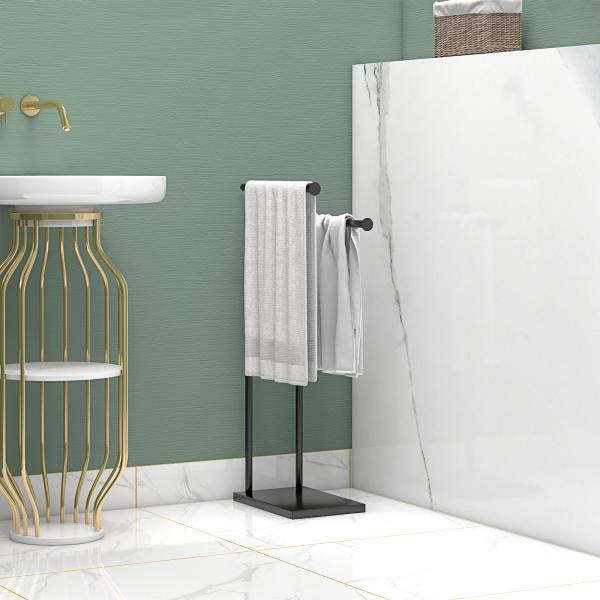 Toalheiro de Pé de 2 Níveis Toalheiro Casa de Banho com Estrutura de Metal Toalheiro em Forma de L 35,5x20x78 cm Preto