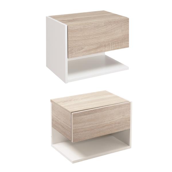Conjunto de 2 Mesas de Cabeceira Flutuantes com 1 Gaveta e Prateleira Aberta 46x30x30 cm Carvalho e Branco