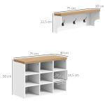 Móvel Cabide de Entrada com Banco Sapateira 2 em 1 Móveis de Entrada com 3 Ganchos 75x30x50 cm e 75x20x22,5 cm Branco