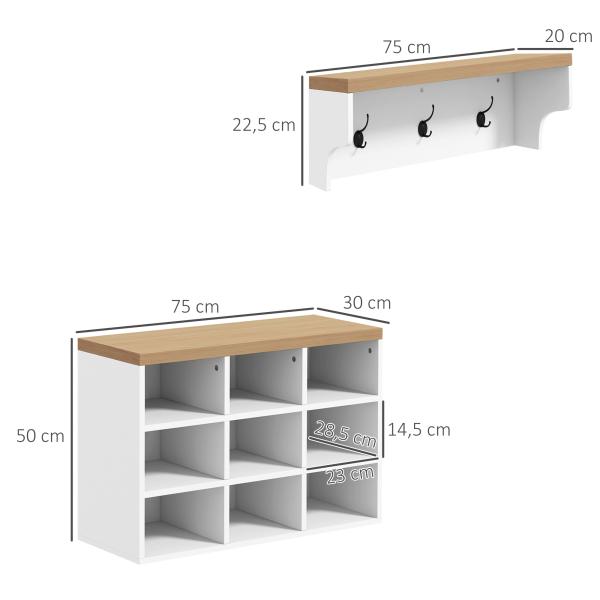 Móvel Cabide de Entrada com Banco Sapateira 2 em 1 Móveis de Entrada com 3 Ganchos 75x30x50 cm e 75x20x22,5 cm Branco