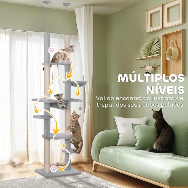 Arranhador para Gatos do Chão ao Teto 225 - 255 cm com 7 Níveis Rede Plataformas Postes de Arranhar Cinza