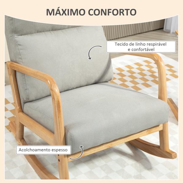 Poltrona Baloiço Estofada em Linho com Pés de Madeira de Borracha e Apoio para os Braços 65x87x94,5 cm Cinza