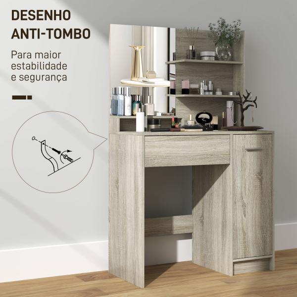 Toucador de Maquilhagem com Banco Mesa de Maquilhagem com Espelho Prateleiras e Gaveta 80x40x132 cm Madeira e Bege