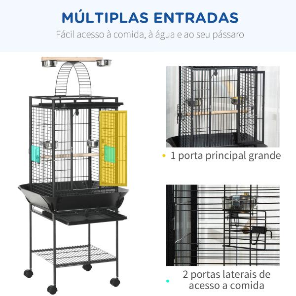 Gaiola para Pássaros com Suporte e Rodas 62,5x62,5x156cm Gaiola Metálica para Aves com Ponte de Arco 2 Poleiros 4 Comedouros 2 Bandejas Removíveis e Prateleira Inferior Cinza