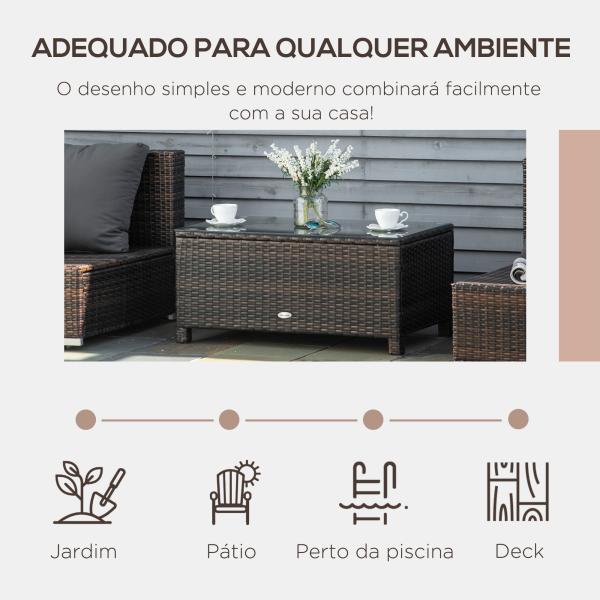 Mesa de Centro Jardim de Vime Sintético Mesa de Apoio para Exterior com Vidro Temperado 85x50x39 cm Marrom