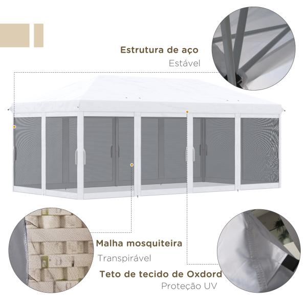 Tenda Dobrável 585x295x270 cm Tenda de Jardim com 6 Mosquiteiros Bolsa de Transporte e Estrutura de Aço Cinza