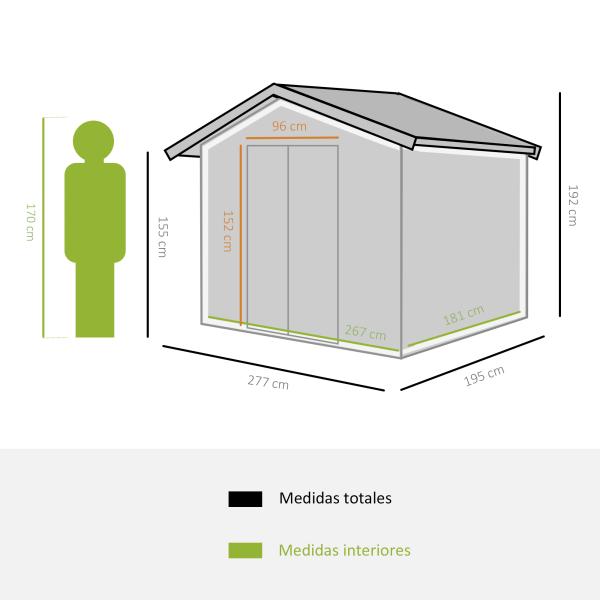 Abrigo de Jardim Exterior 4,83m² 277x195x192cm Abrigo e Jardim Metálico para Armazenamento de Ferramentas com Base Incluída e 4 Janelas Cinza