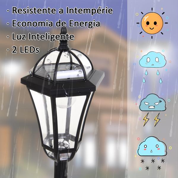 2 Candeeiros Solares de Jardim com 2 Luzes LED Branca Impermeável IP44 Ligação Automática Conjunto de 2 Candeeiros de Exterior para Caminho Terraço Pátio 18,5x18,5x129 cm Preto