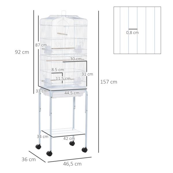 Gaiola para Passáros com Suporte com 4 Rodas Portas 4 Comedouros 3 Poleiros e Bandeja Removível 46,5x36x157cm Branco
