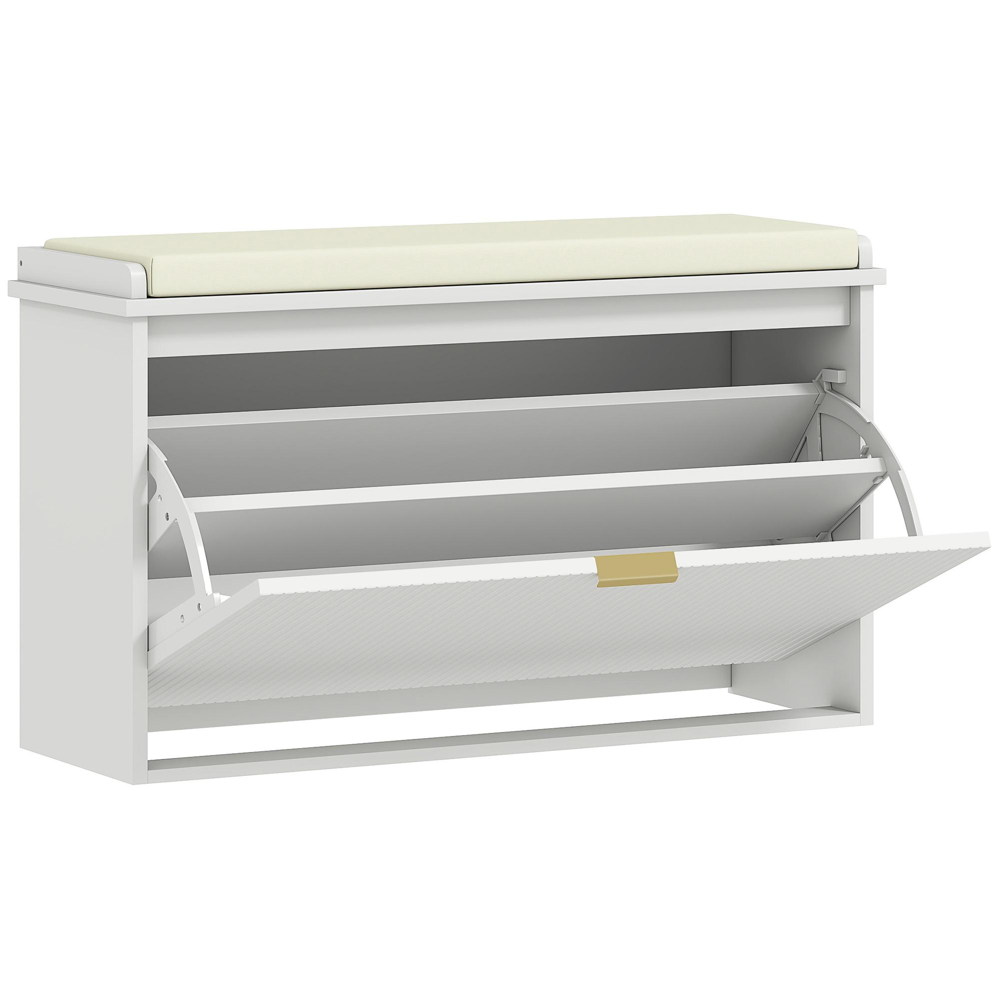 Banco Sapateira Móvel Sapateira Estreito com Assento Estofado Caixa Rebatível e Painel de Ripas 80x26x47,5 cm Branco