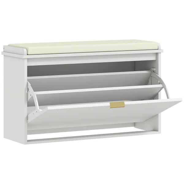 Banco Sapateira Móvel Sapateira Estreito com Assento Estofado Caixa Rebatível e Painel de Ripas 80x26x47,5 cm Branco