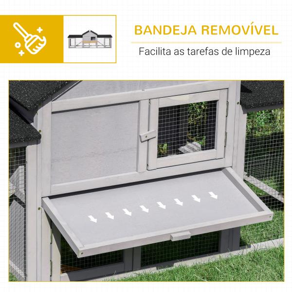 Coelheira de Exterior Grande Gaiola de Madeira para 2 - 4 Coelhos com Teto Asfáltico Recinto de Arame Bandeja Removível e Rampas 210x45,5x84,5cm Cinza e Preto