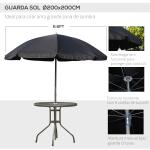 Conjunto de Jardim Refeição 6 Peças com 4 Cadeiras Dobráveis 1 Mesa com Bancada de Vidro e 1 Chapéu de Sol Preto