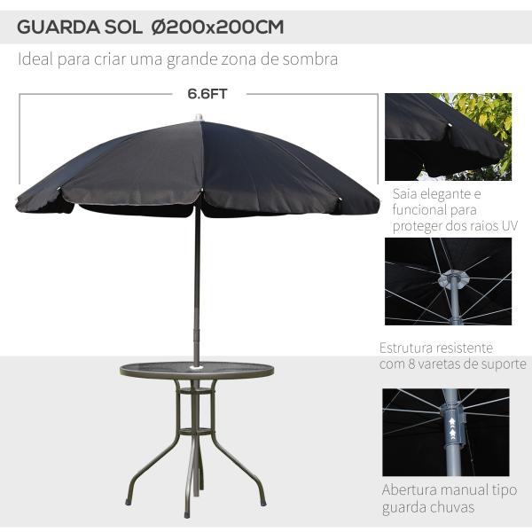 Conjunto de Jardim Refeição 6 Peças com 4 Cadeiras Dobráveis 1 Mesa com Bancada de Vidro e 1 Chapéu de Sol Preto