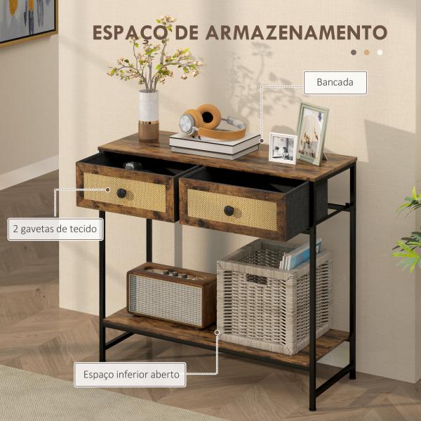 Mesa Consola Móvel de Entrada com Prateleira Aberta 2 Gavetas Frente em Vime Consola de Entrada 80x30x75 cm Marrom Rústico