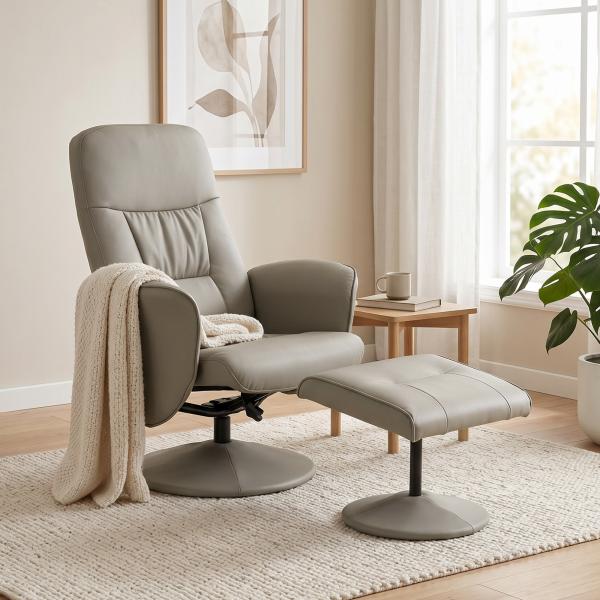 Cadeira Relax Reclinável com Otomana Encosto Alto Giratória 360° Apoios de Braços Bege Cinzento