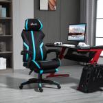 Cadeira de Gaming com Apoio para os Pés Retrátil Cadeira de Escritório Reclinável com Apoio para a Cabeça e Altura Ajustável 65x65x119 - 129cm Preto e Azul