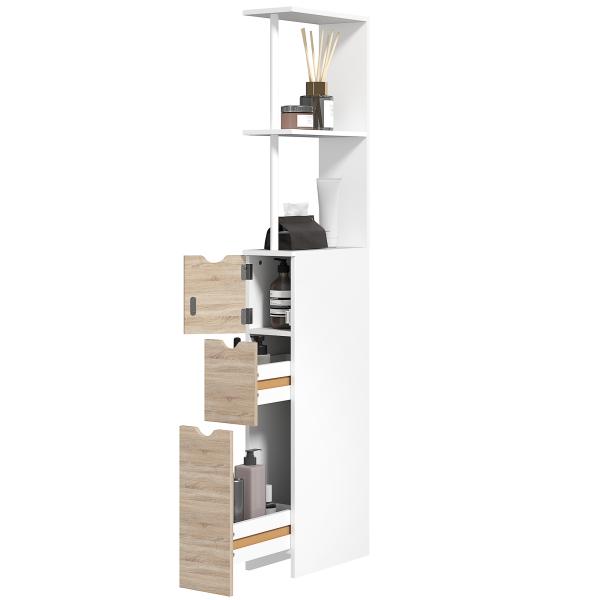 Coluna de Casa de Banho Moderna Auxiliar com 2 Prateleiras, 2 Gavetas e 1 Porta Antiviragem 15x33x136,8 cm Madeira Natural