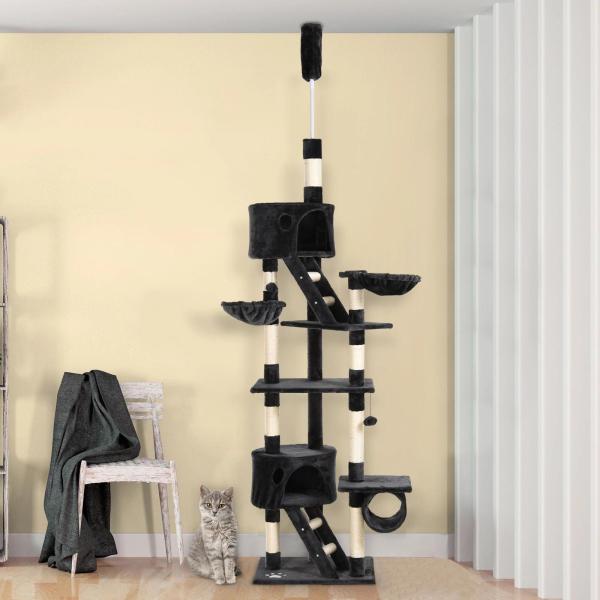 Árvore arranhador para Gatos com Altura Ajustável Plataformas Múltiplas Caverna Cestas e Escadas em Sisal Natural e Pelúcia 60x45x240 - 260 cm Cinza Escuro